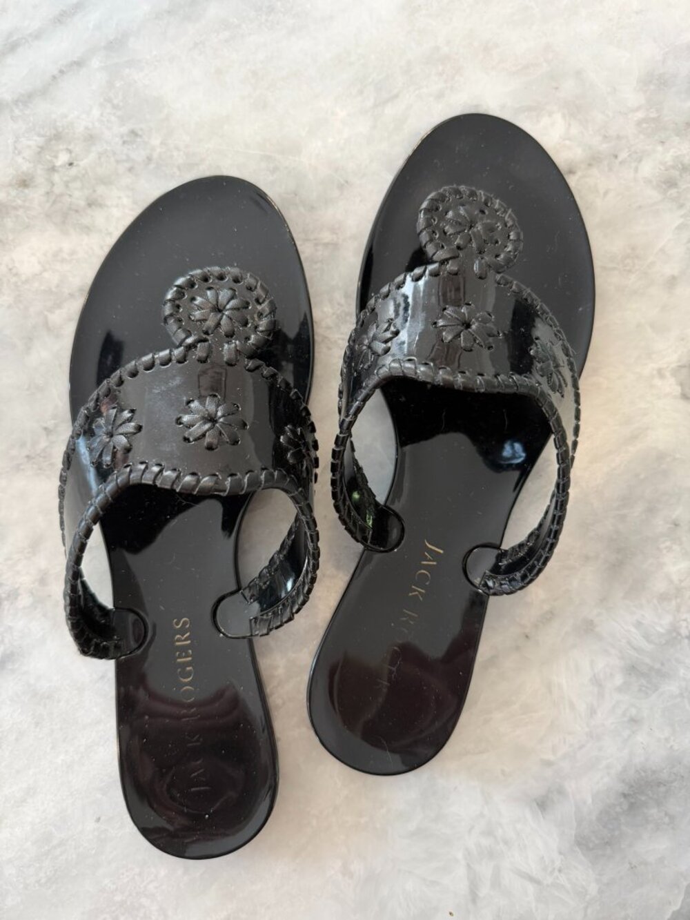 Jack Rogers Black Jelly Georgica Sandals | Whipstitch Medallion Flip Flop | Sz 9